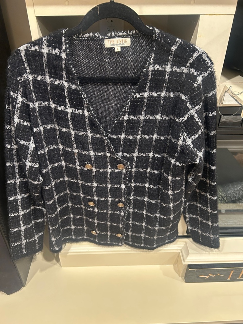 The L'Vink Black & White Windowpane Button-Front Women's Cardigan